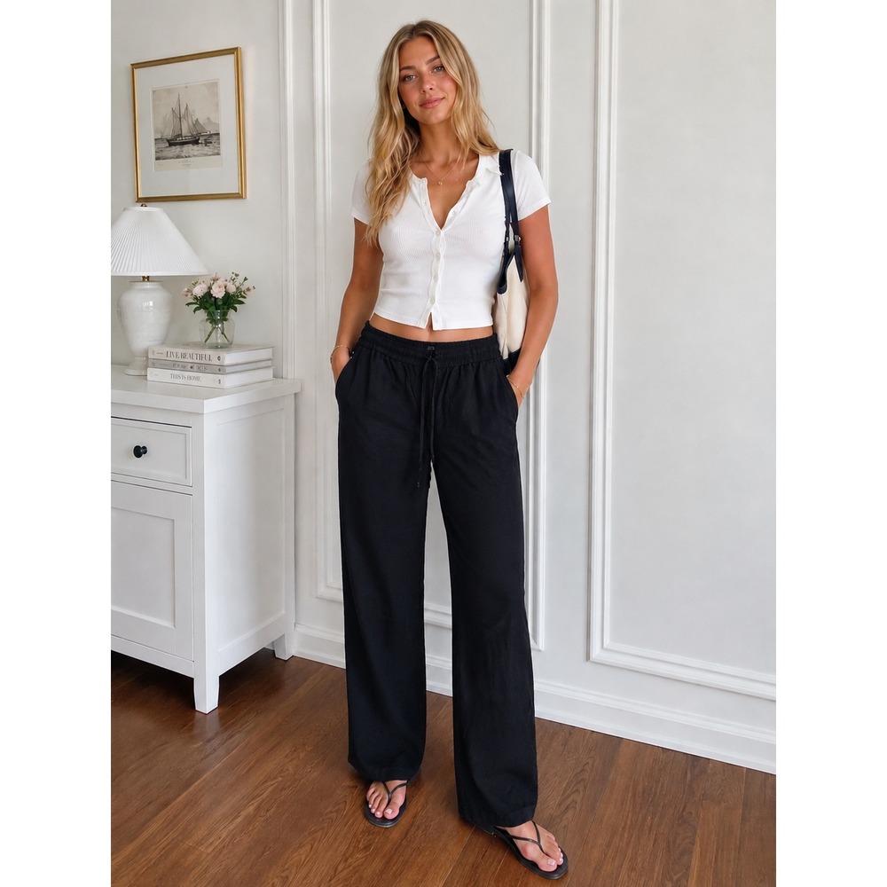 J.Crew Linen Blend Slim Wide Leg Pants Womens 4 Black Preppy Drawstring CG402